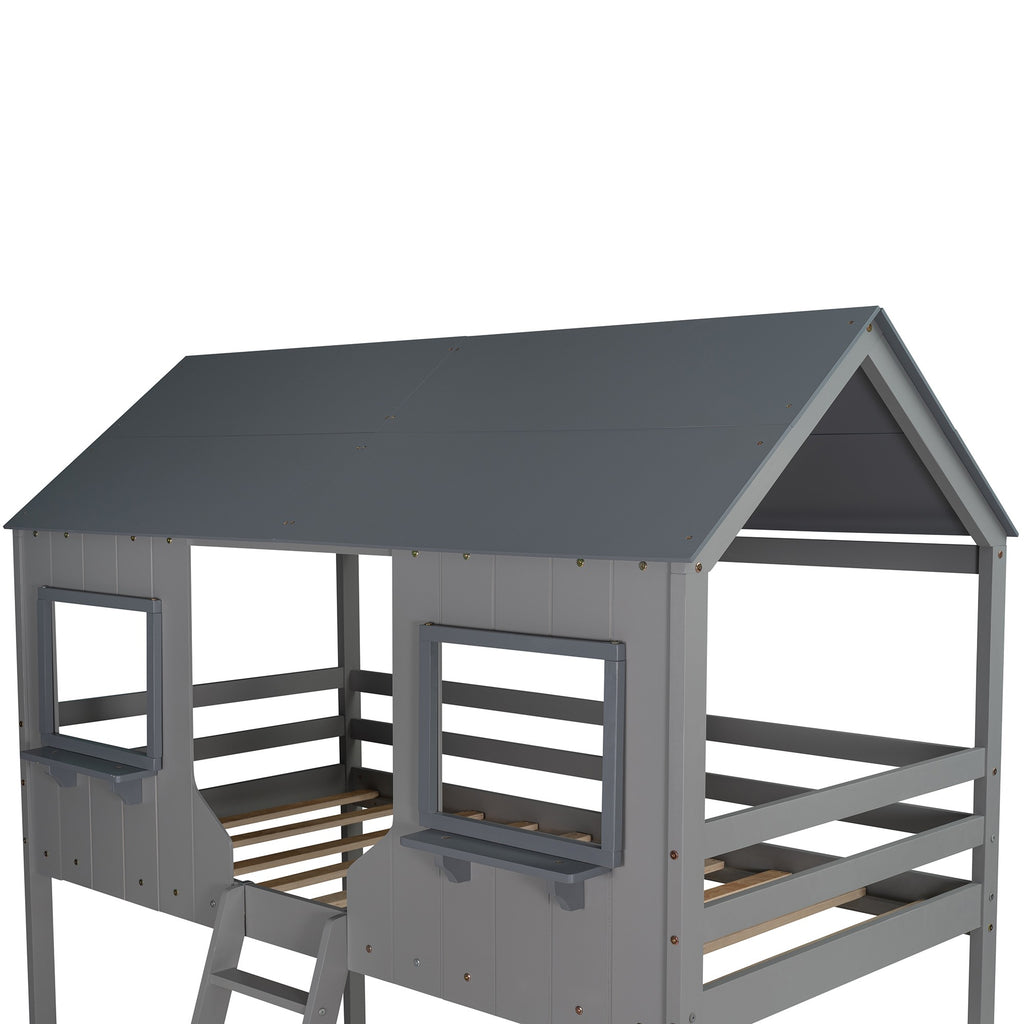 LuxxHomes  Gray Twin over Twin Contemporary Manufactured Wood and Solid Wood Bunk Bed