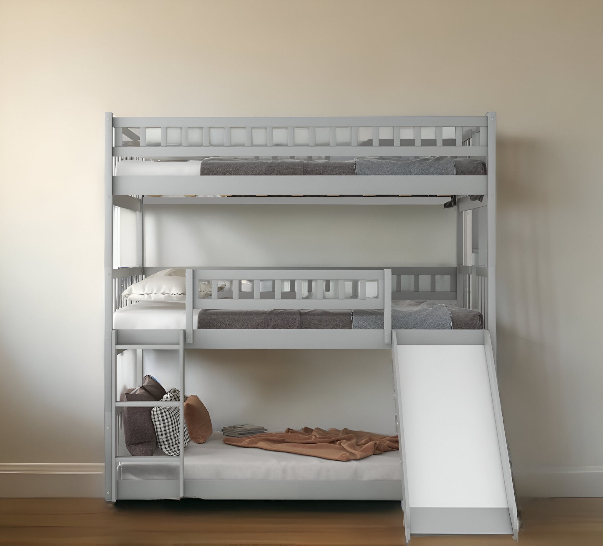 LuxxHomes  Gray Full Over Full Over Full Contemporary Bunk Bed With Slide