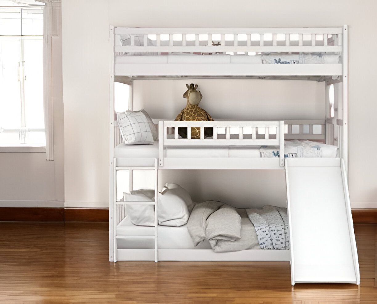 LuxxHomes  White Full Over Full Over Full Contemporary Bunk Bed With Slide