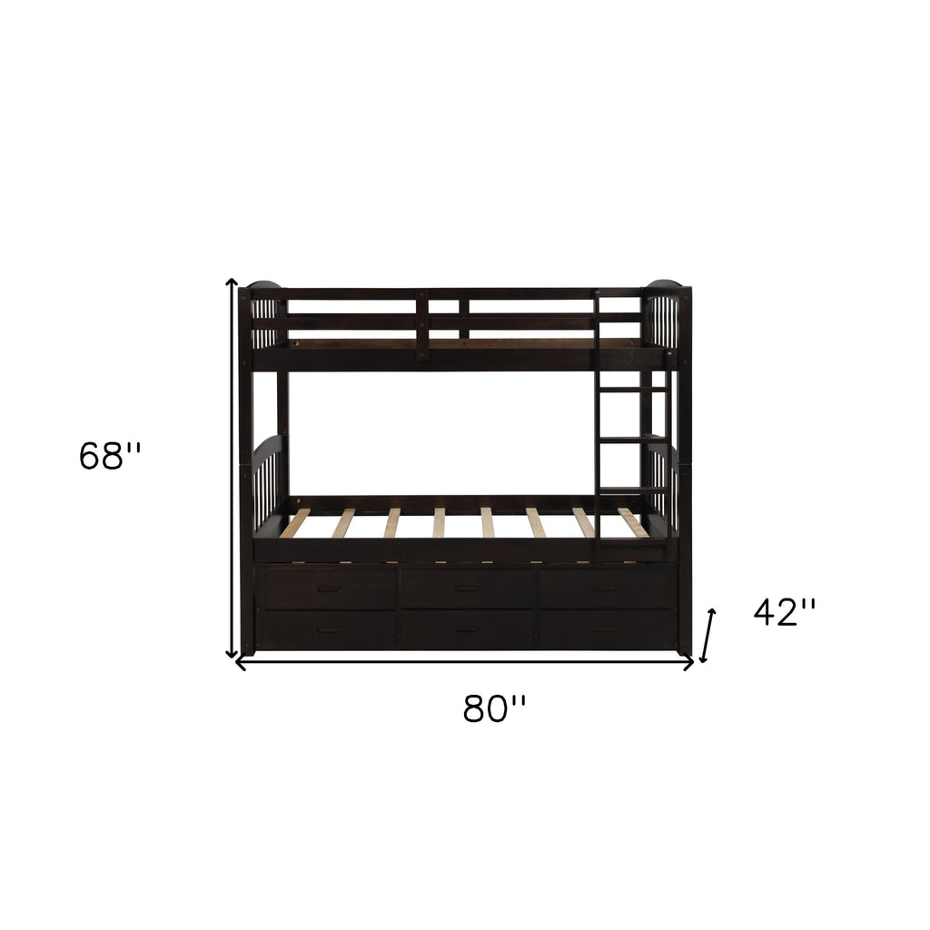 LuxxHomes  Twin over Twin Wood Bunk Bed Trundle Drawers Espresso