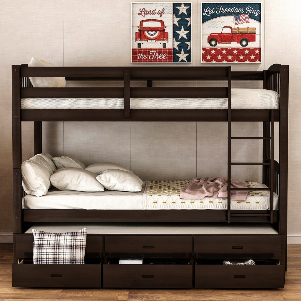 LuxxHomes  Twin over Twin Wood Bunk Bed Trundle Drawers Espresso