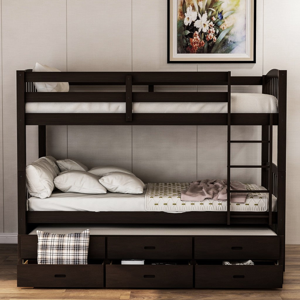 LuxxHomes  Twin over Twin Wood Bunk Bed Trundle Drawers Espresso