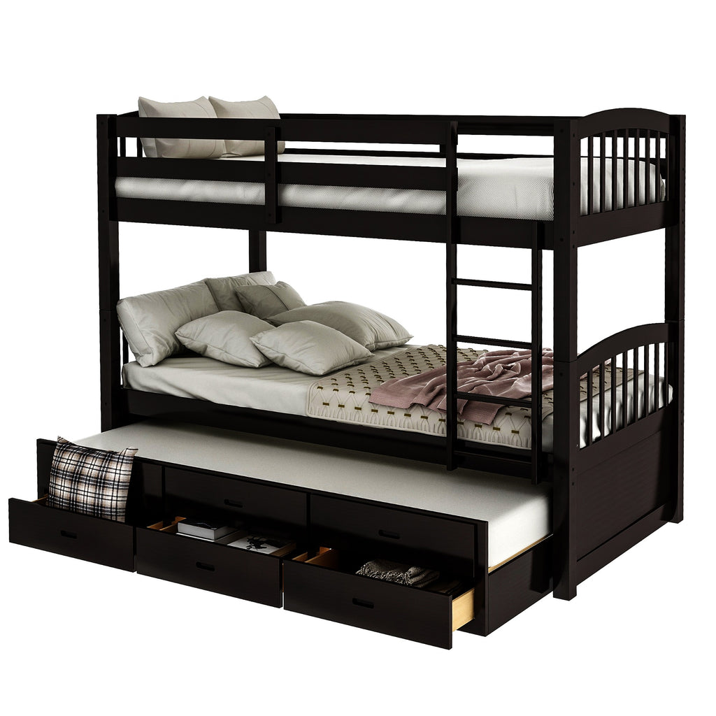 LuxxHomes  Twin over Twin Wood Bunk Bed Trundle Drawers Espresso