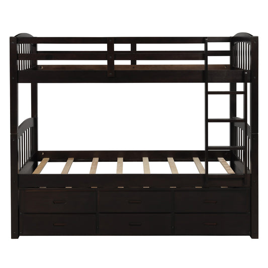 LuxxHomes  Twin over Twin Wood Bunk Bed Trundle Drawers Espresso