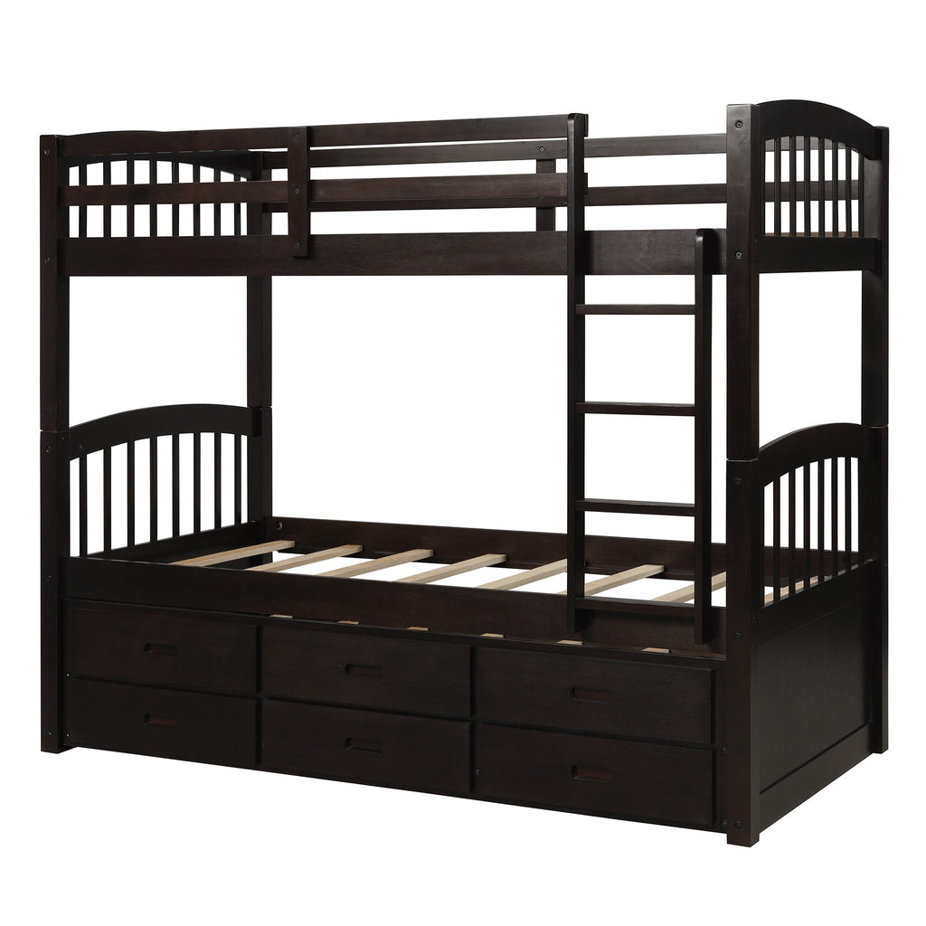 LuxxHomes  Twin over Twin Wood Bunk Bed Trundle Drawers Espresso