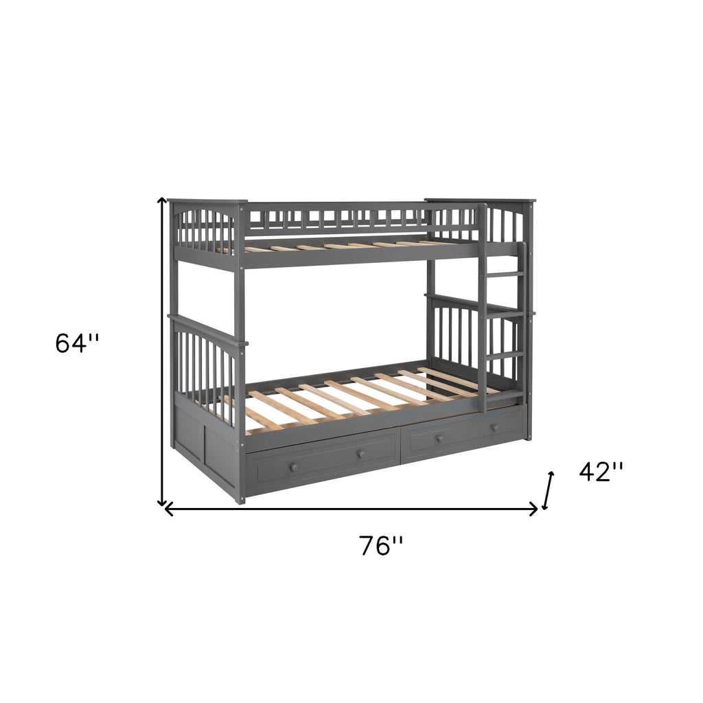 LuxxHomes  Twin over Twin Bunk Bed Drawers Convertible Beds Gray