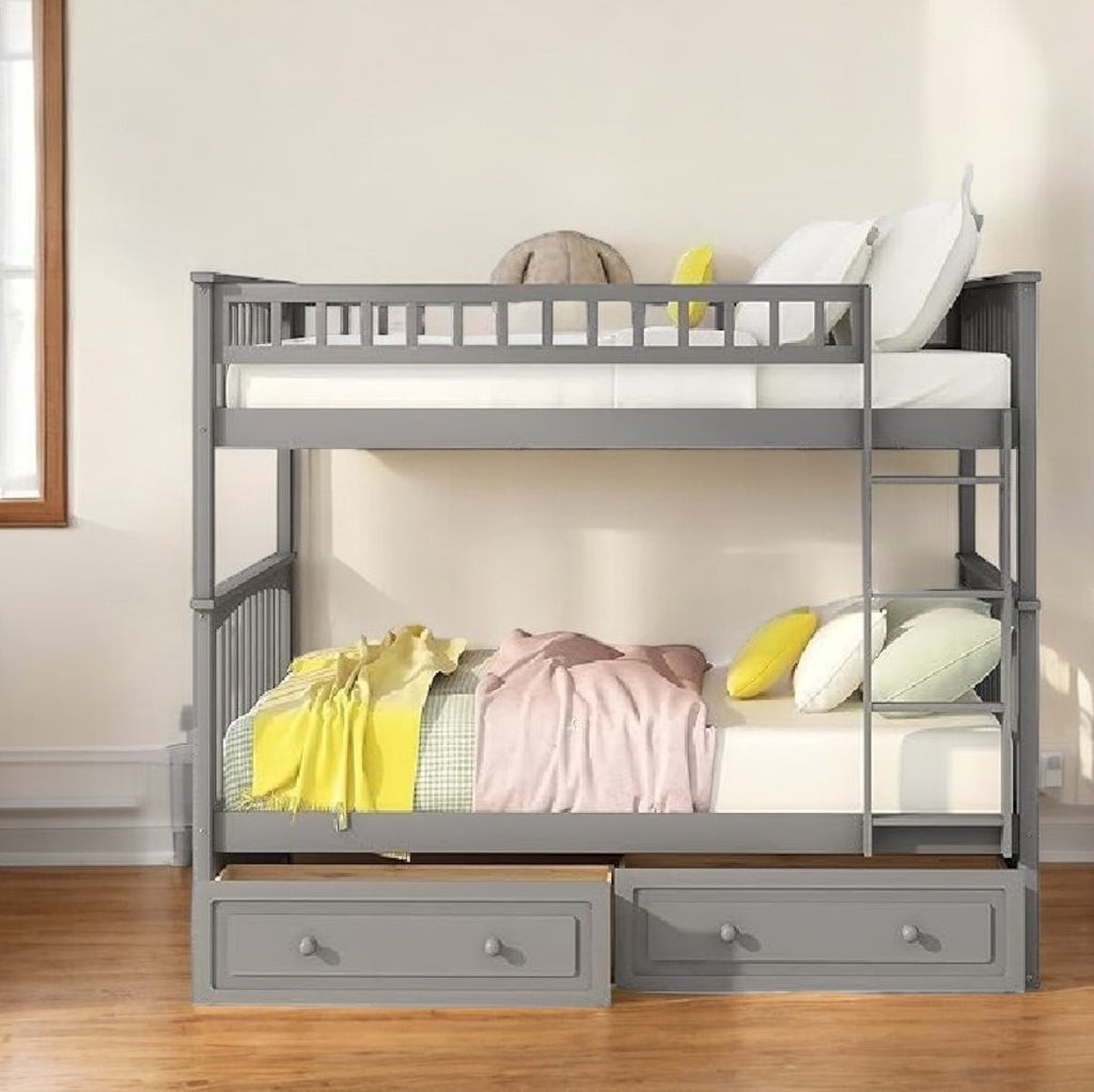 LuxxHomes  Twin over Twin Bunk Bed Drawers Convertible Beds Gray