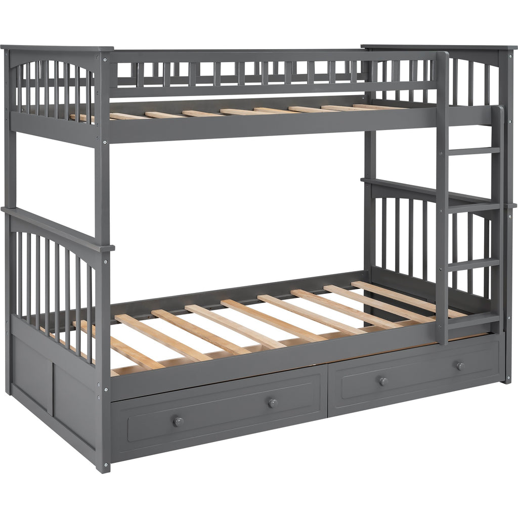 LuxxHomes  Twin over Twin Bunk Bed Drawers Convertible Beds Gray