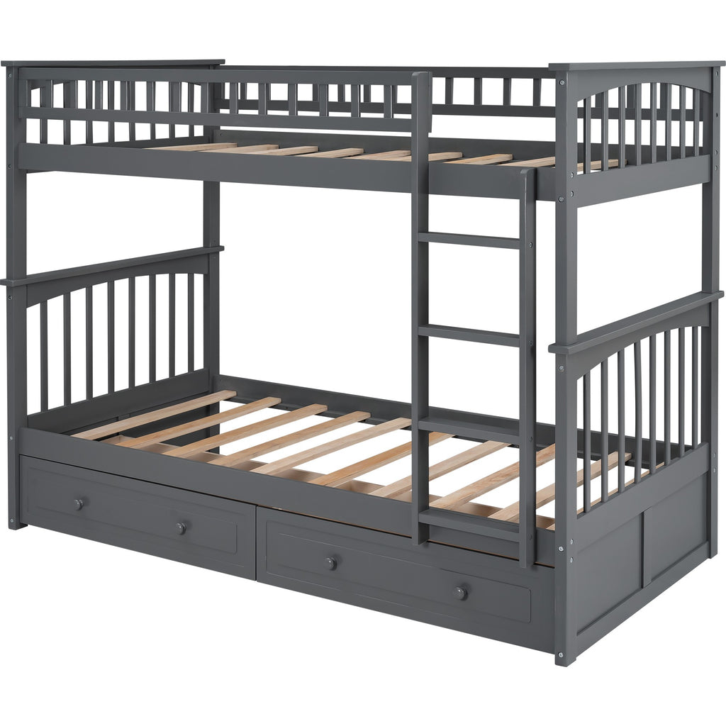 LuxxHomes  Twin over Twin Bunk Bed Drawers Convertible Beds Gray