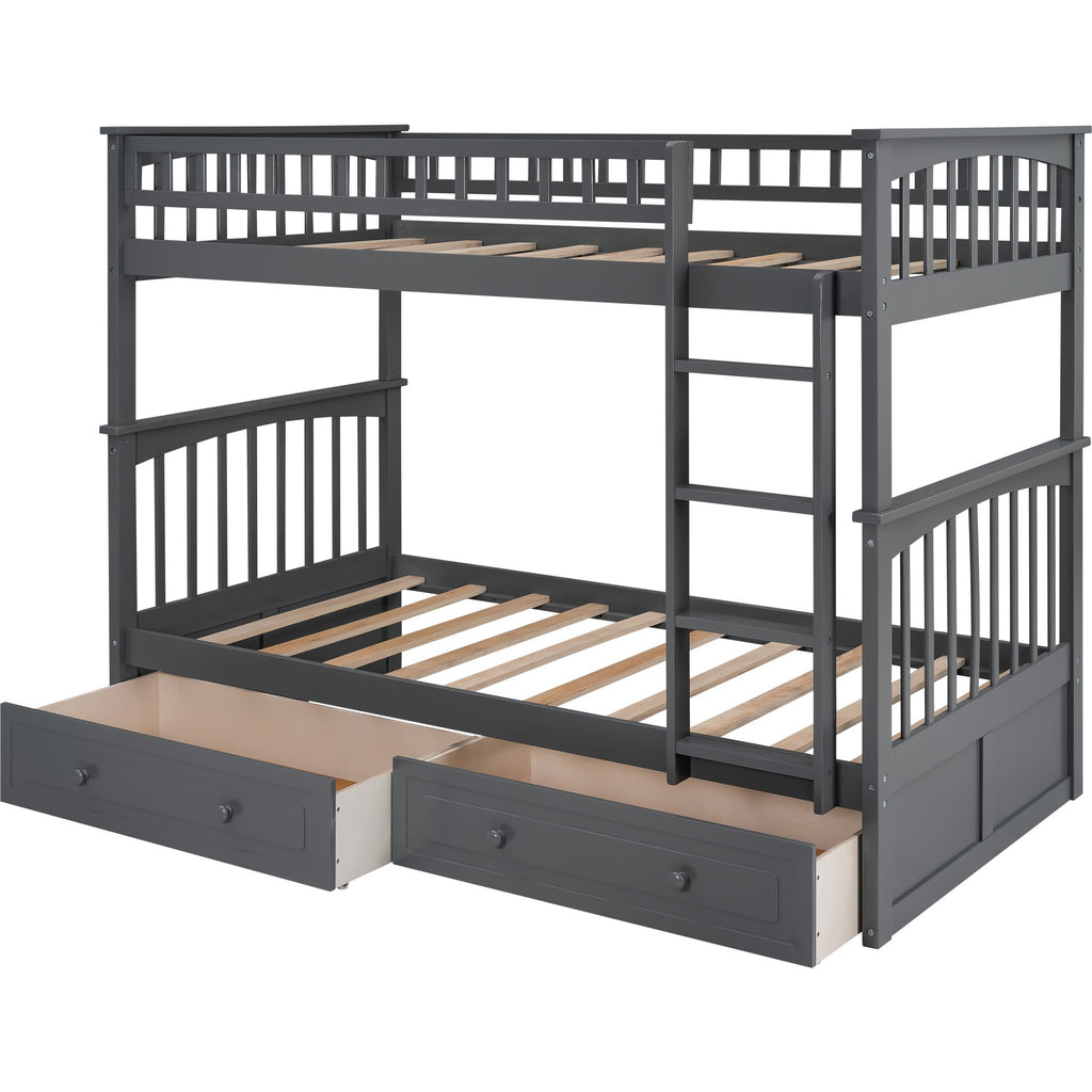 LuxxHomes  Twin over Twin Bunk Bed Drawers Convertible Beds Gray