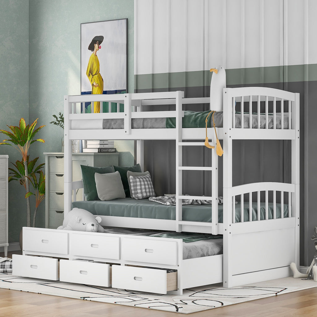 LuxxHomes  White Twin Over Twin Bunk Bed with Trundle and Drawers