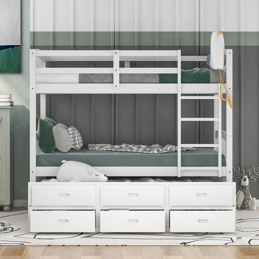 LuxxHomes  White Twin Over Twin Bunk Bed with Trundle and Drawers