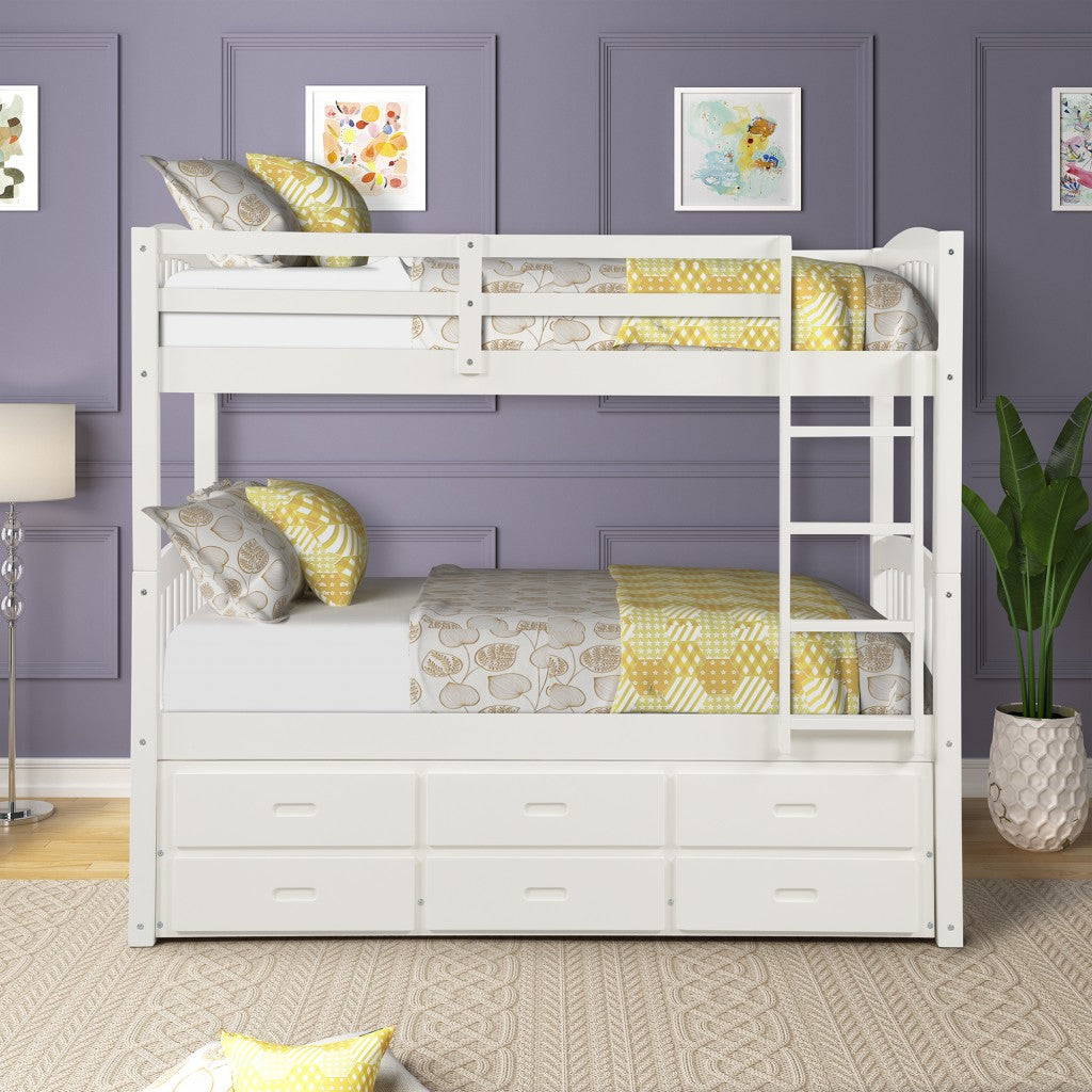 LuxxHomes  White Twin Over Twin Bunk Bed with Trundle and Drawers