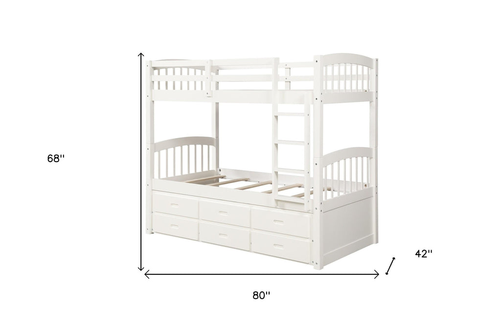 LuxxHomes  White Twin Over Twin Bunk Bed with Trundle and Drawers