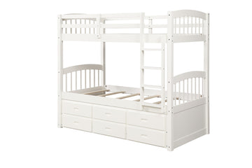 LuxxHomes  White Twin Over Twin Bunk Bed with Trundle and Drawers