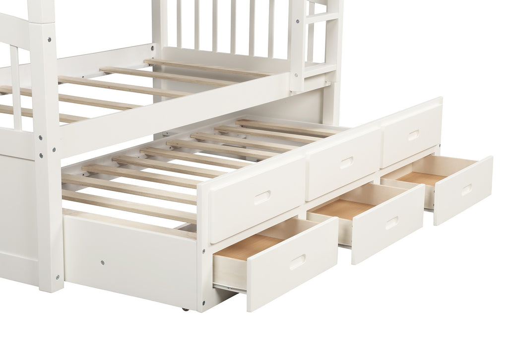 LuxxHomes  White Twin Over Twin Bunk Bed with Trundle and Drawers