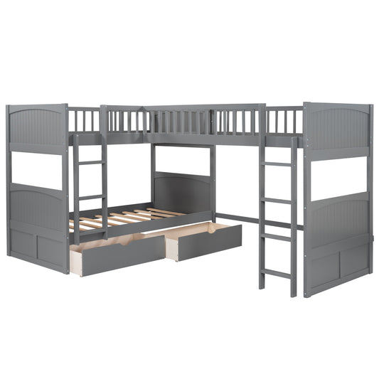 LuxxHomes  Gray Twin Size Bunk Bed with attached Loft Bed and Drawers