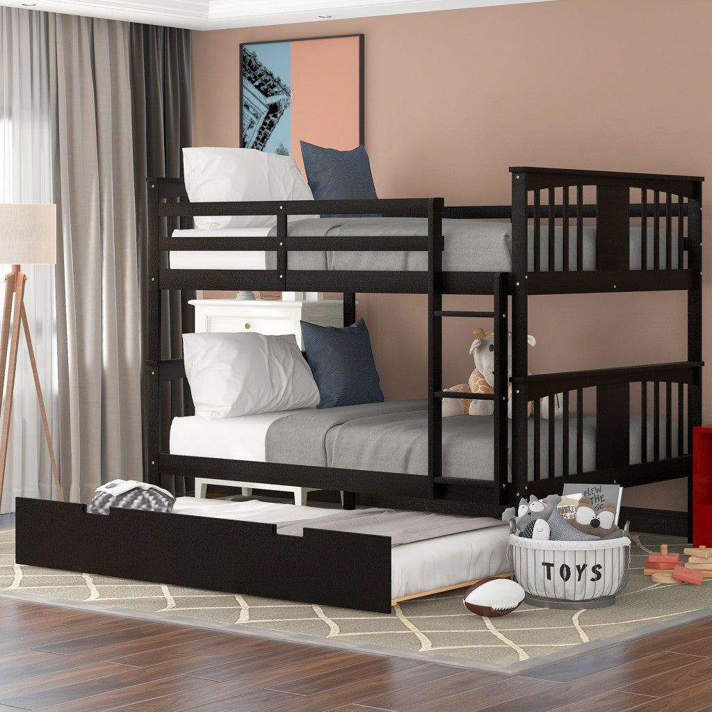 LuxxHomes  Brown Double Full Size Over Twin Trundle Bunk Bed