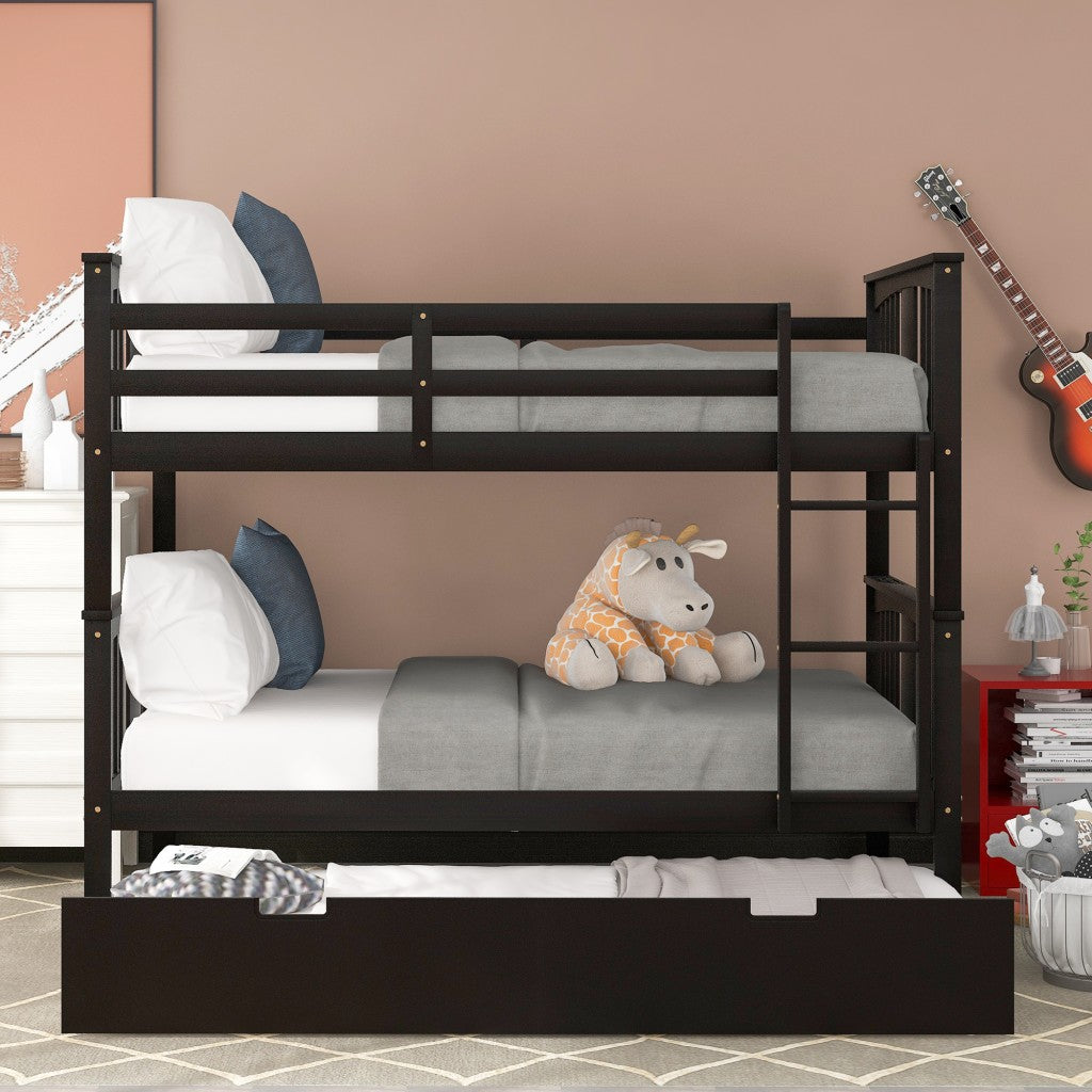 LuxxHomes  Brown Double Full Size Over Twin Trundle Bunk Bed