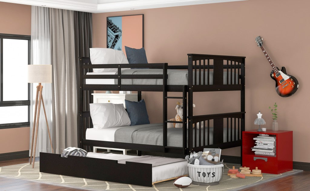 LuxxHomes  Brown Double Full Size Over Twin Trundle Bunk Bed