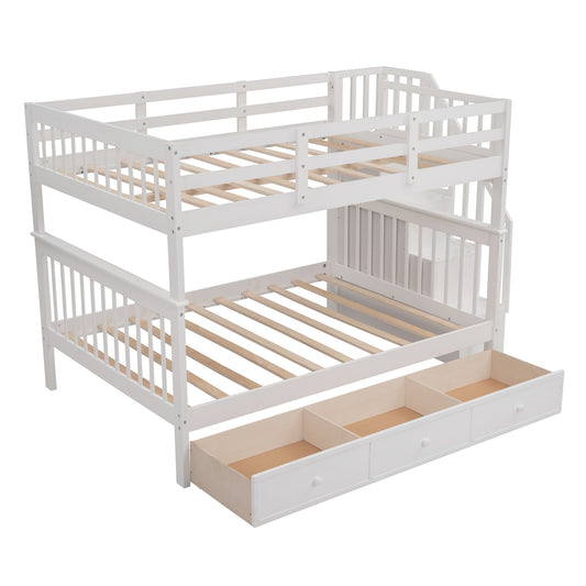 LuxxHomes  White Double Full Size Stairway Bunk Bed With Drawer