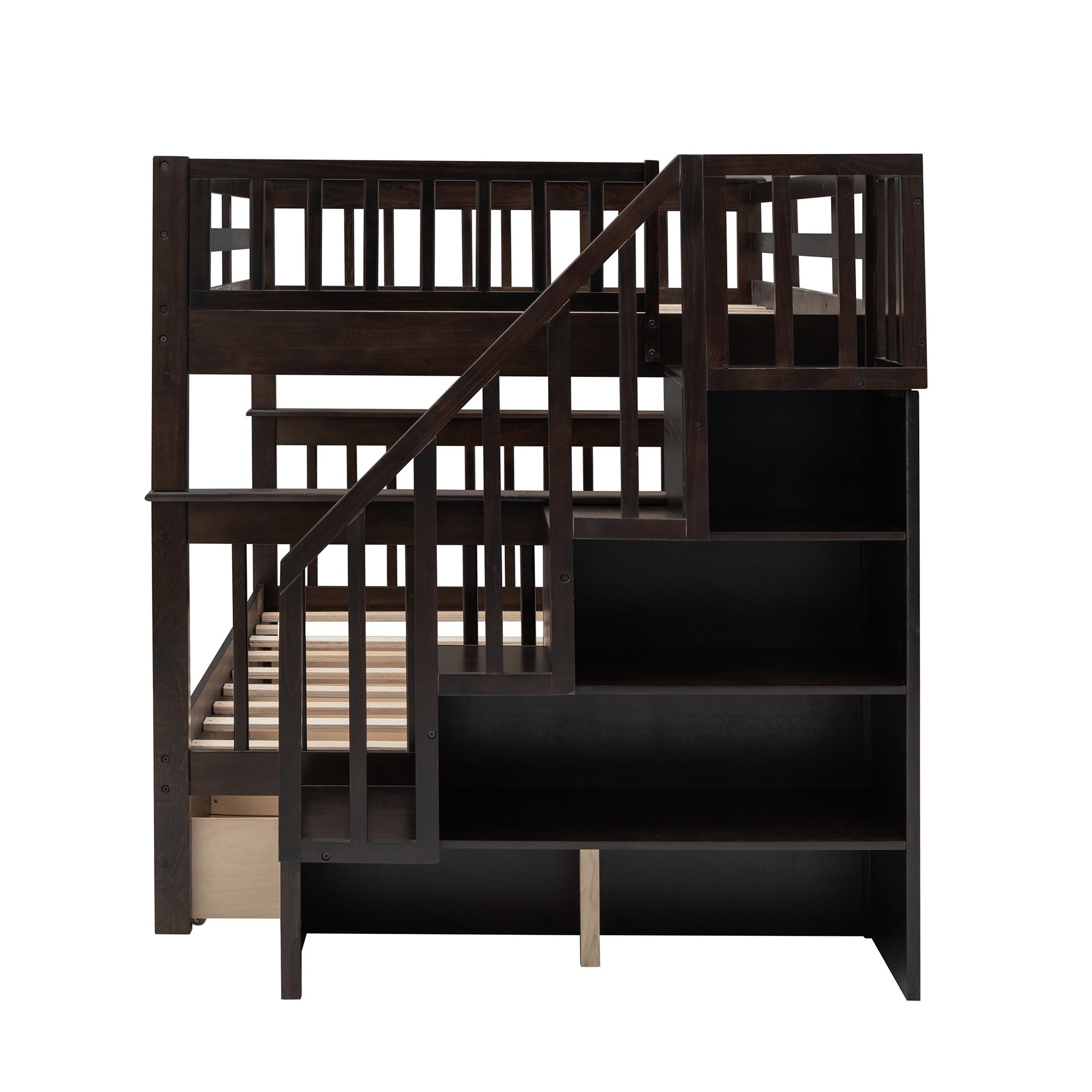 Brown Double Full Size Stairway Bunk Bed With Drawer