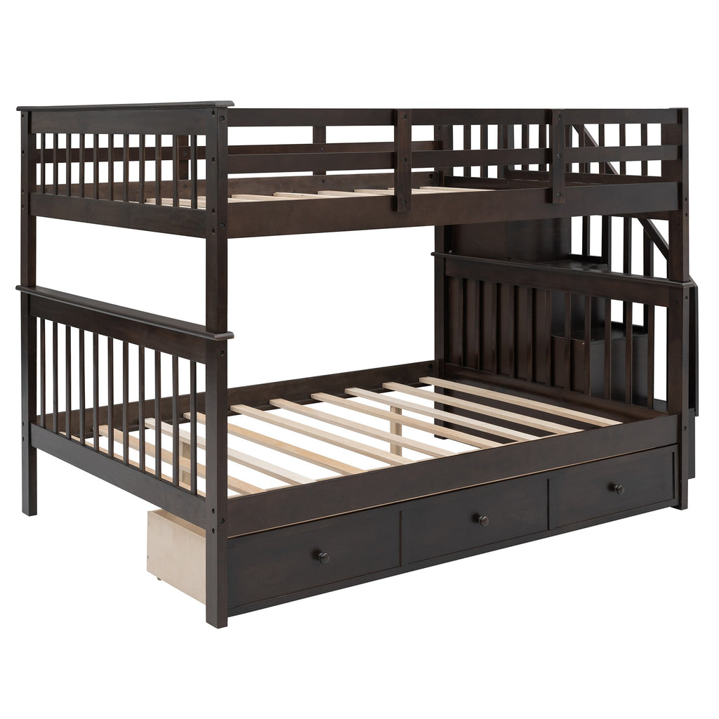 Brown Double Full Size Stairway Bunk Bed With Drawer