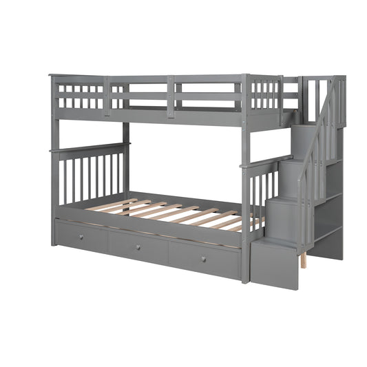 LuxxHomes  Gray Twin Over Twin Bunk Bed with Stairway and Drawers