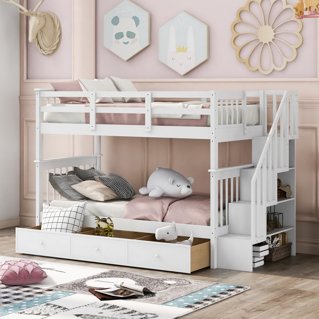 LuxxHomes  White Twin Over Twin Bunk Bed with Stairway and Drawers