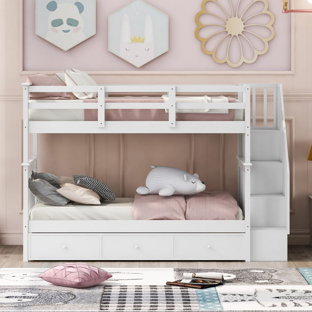 LuxxHomes  White Twin Over Twin Bunk Bed with Stairway and Drawers