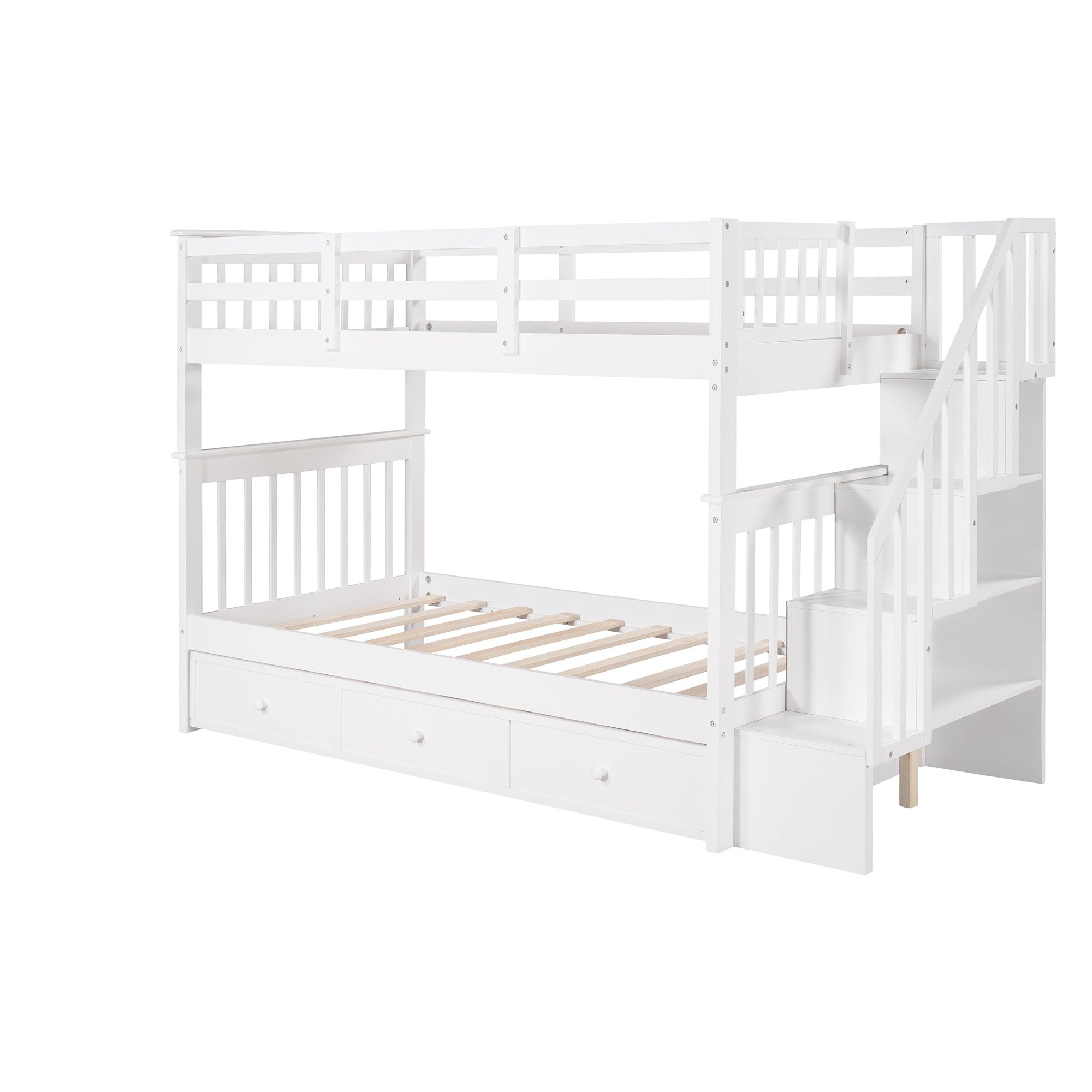 LuxxHomes  White Twin Over Twin Bunk Bed with Stairway and Drawers