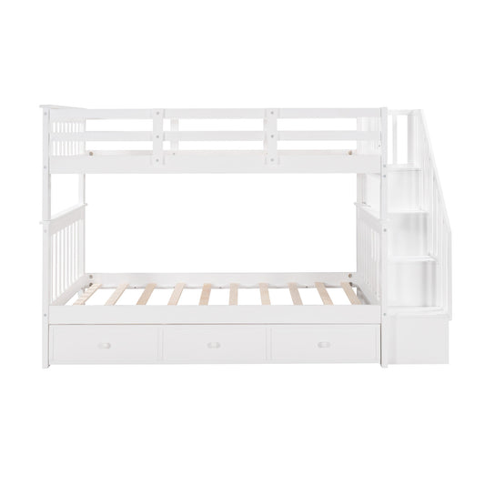 LuxxHomes  White Twin Over Twin Bunk Bed with Stairway and Drawers