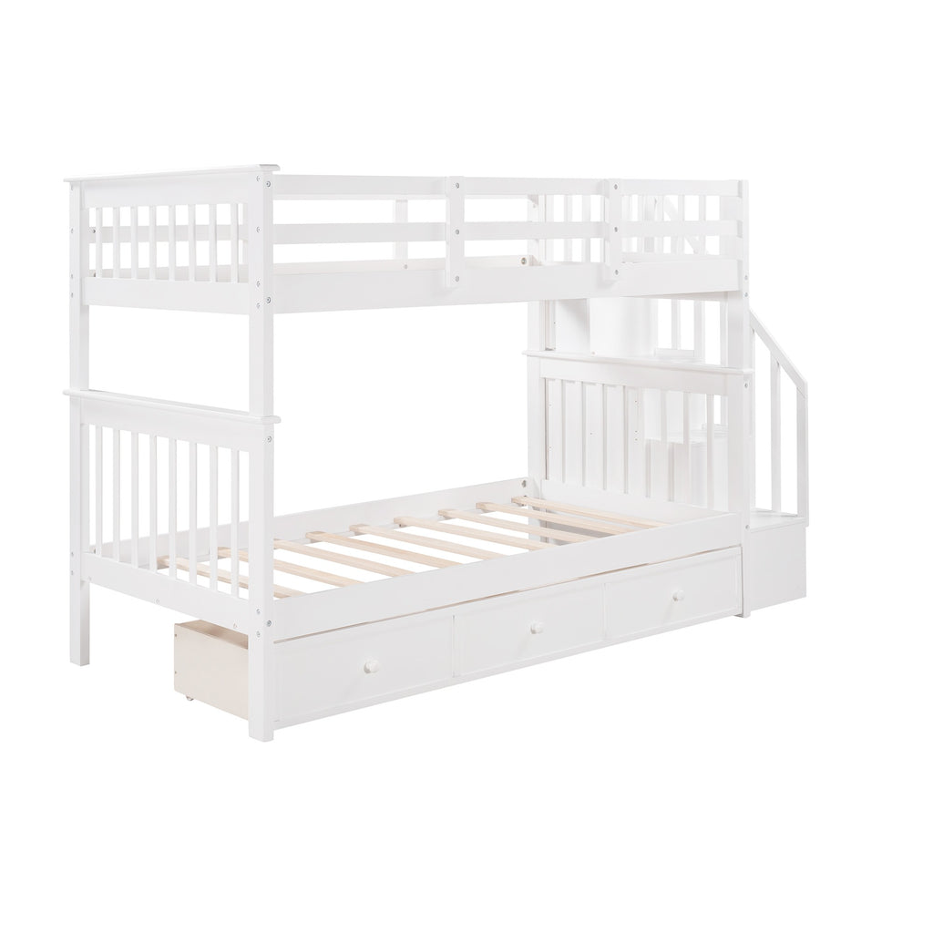 LuxxHomes  White Twin Over Twin Bunk Bed with Stairway and Drawers