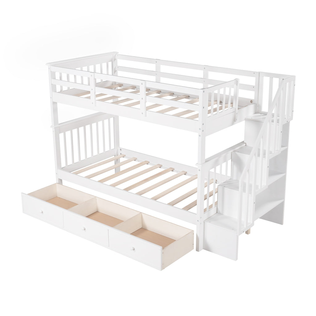 LuxxHomes  White Twin Over Twin Bunk Bed with Stairway and Drawers