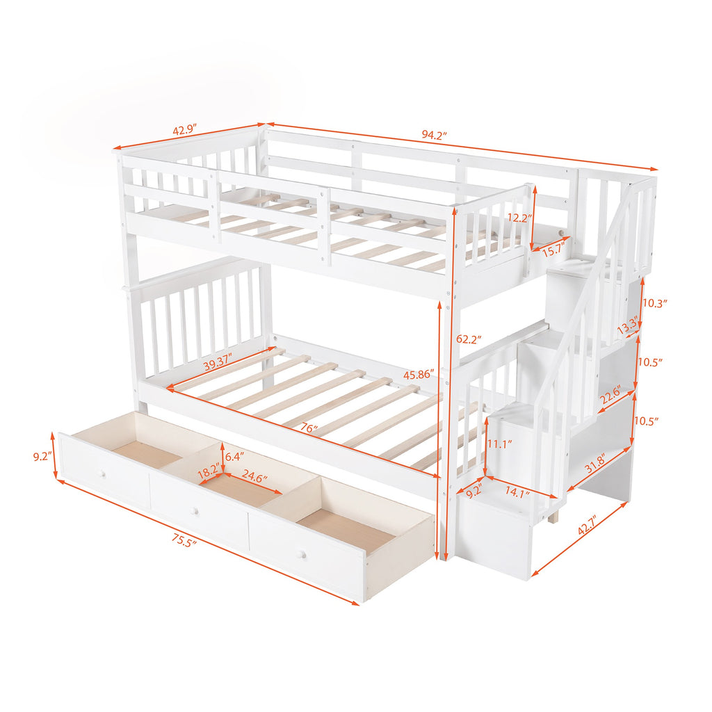 LuxxHomes  White Twin Over Twin Bunk Bed with Stairway and Drawers