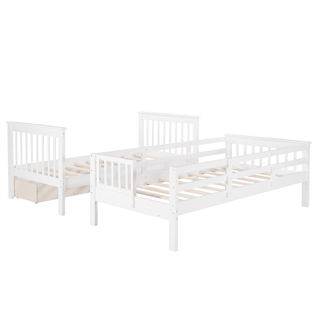 LuxxHomes  White Twin Over Twin Bunk Bed with Stairway and Drawers