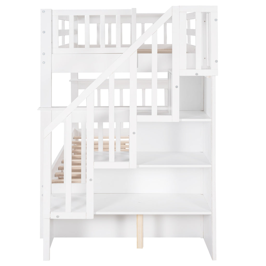 LuxxHomes  White Twin Over Twin Bunk Bed with Stairway and Drawers