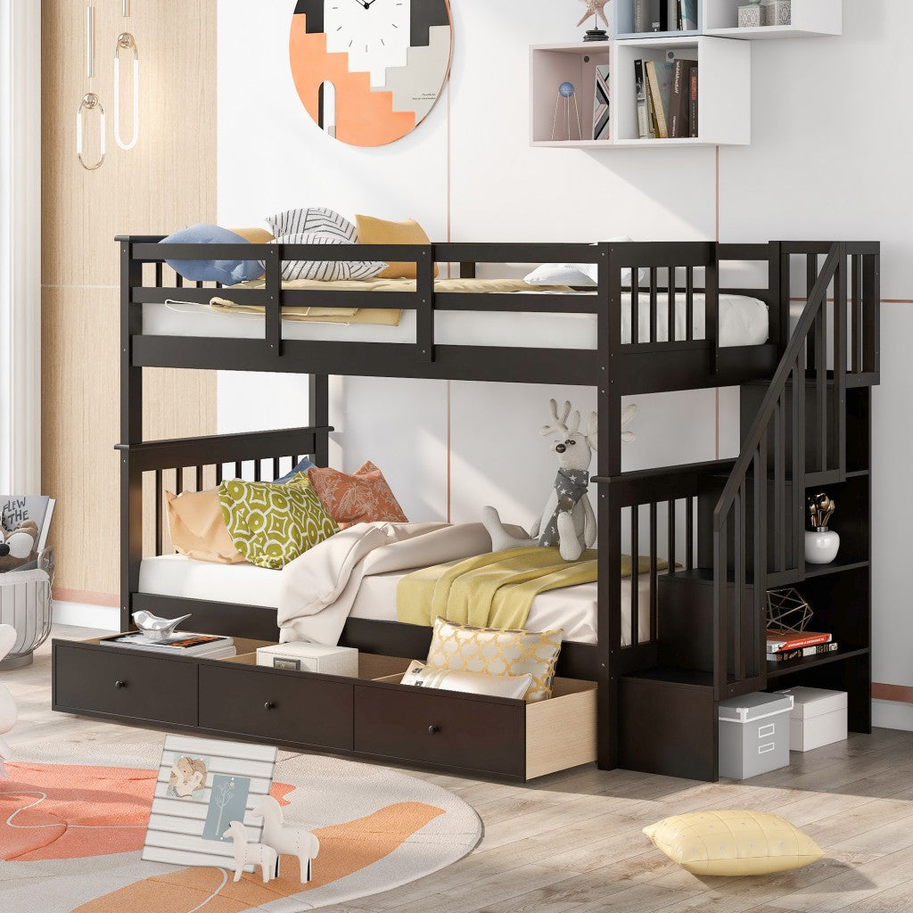 LuxxHomes  Espresso Twin Over Twin Bunk Bed with Stairway and Drawers