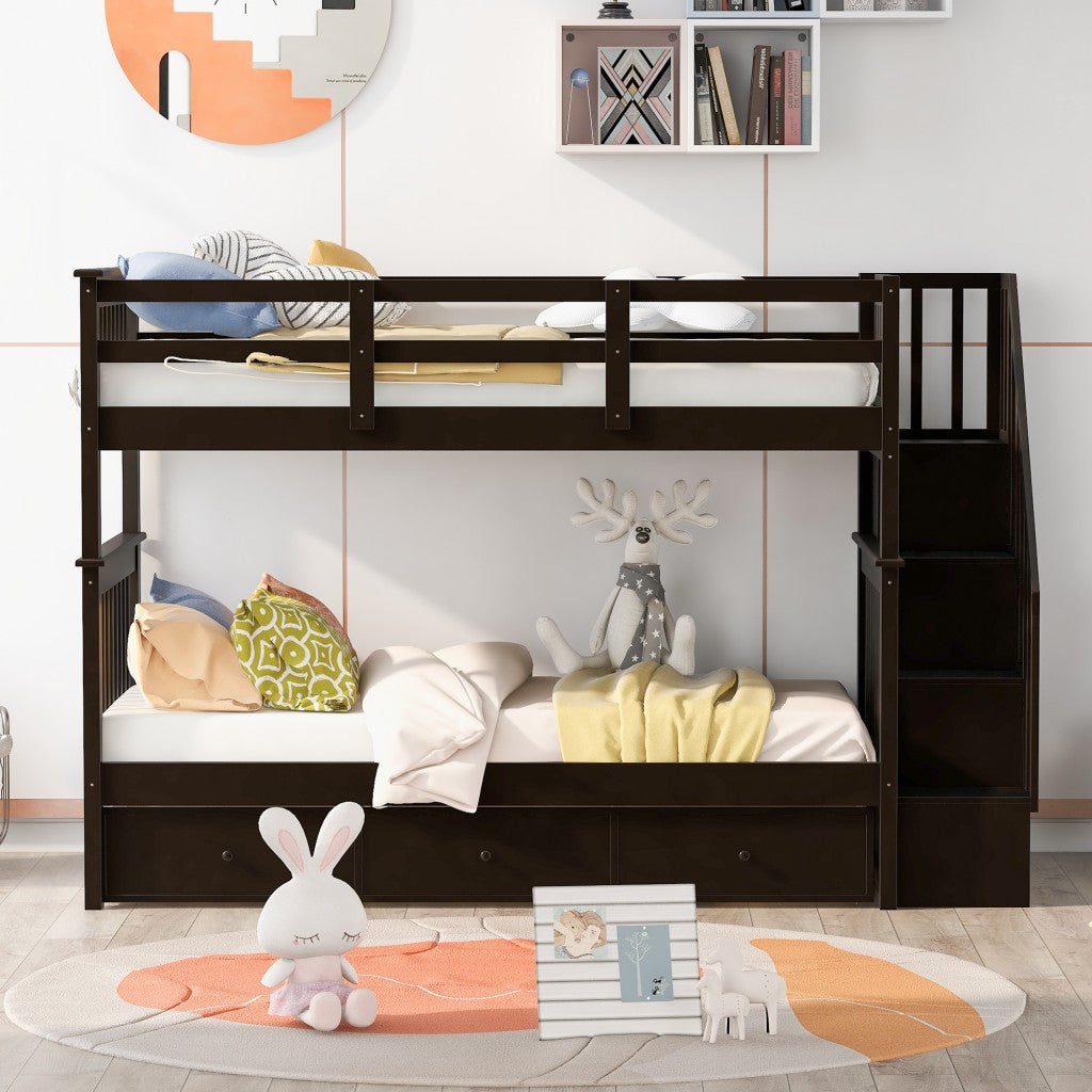 LuxxHomes  Espresso Twin Over Twin Bunk Bed with Stairway and Drawers