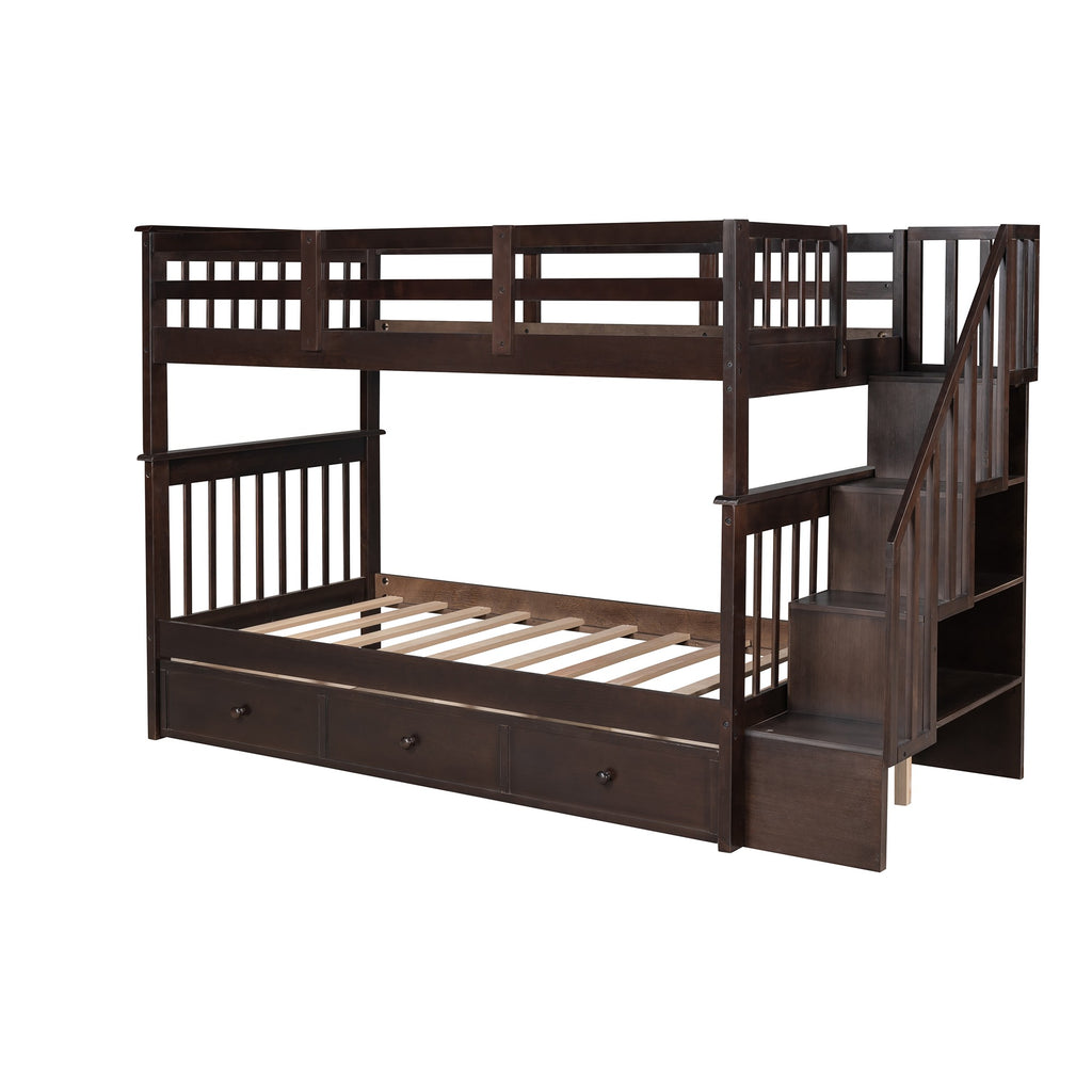 LuxxHomes  Espresso Twin Over Twin Bunk Bed with Stairway and Drawers