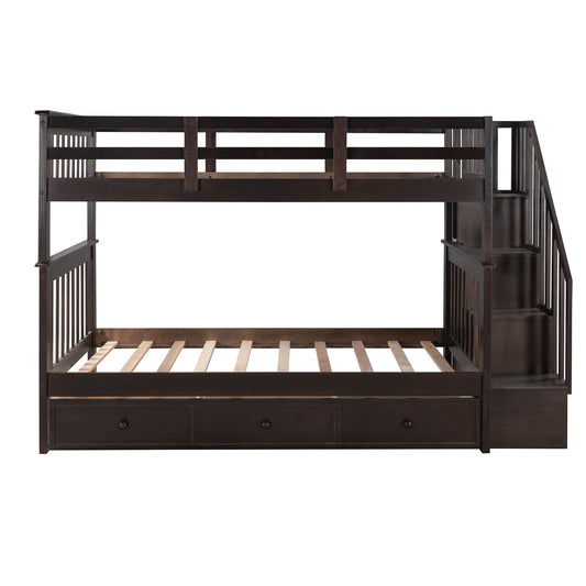 LuxxHomes  Espresso Twin Over Twin Bunk Bed with Stairway and Drawers