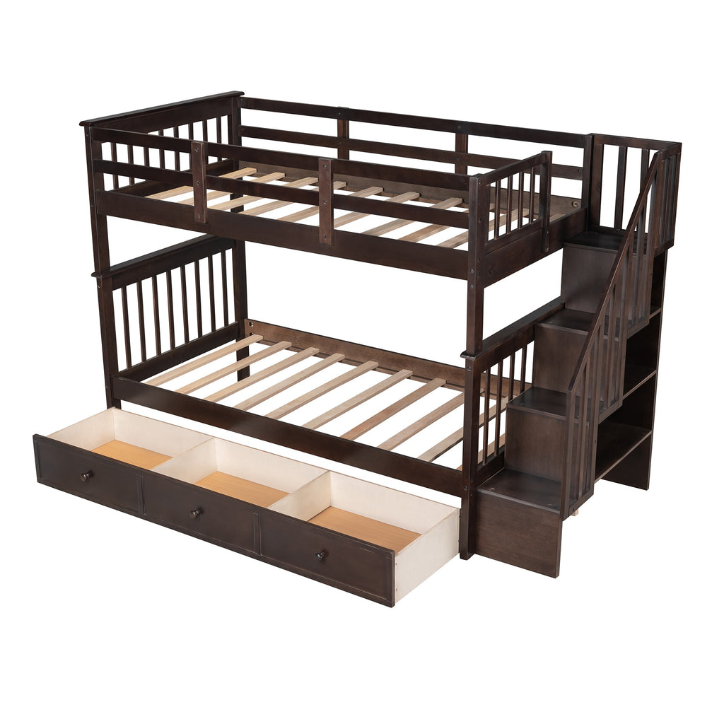 LuxxHomes  Espresso Twin Over Twin Bunk Bed with Stairway and Drawers