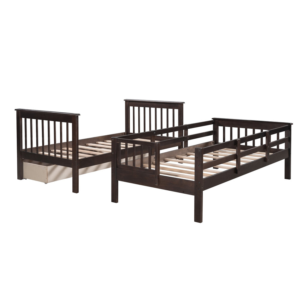 LuxxHomes  Espresso Twin Over Twin Bunk Bed with Stairway and Drawers