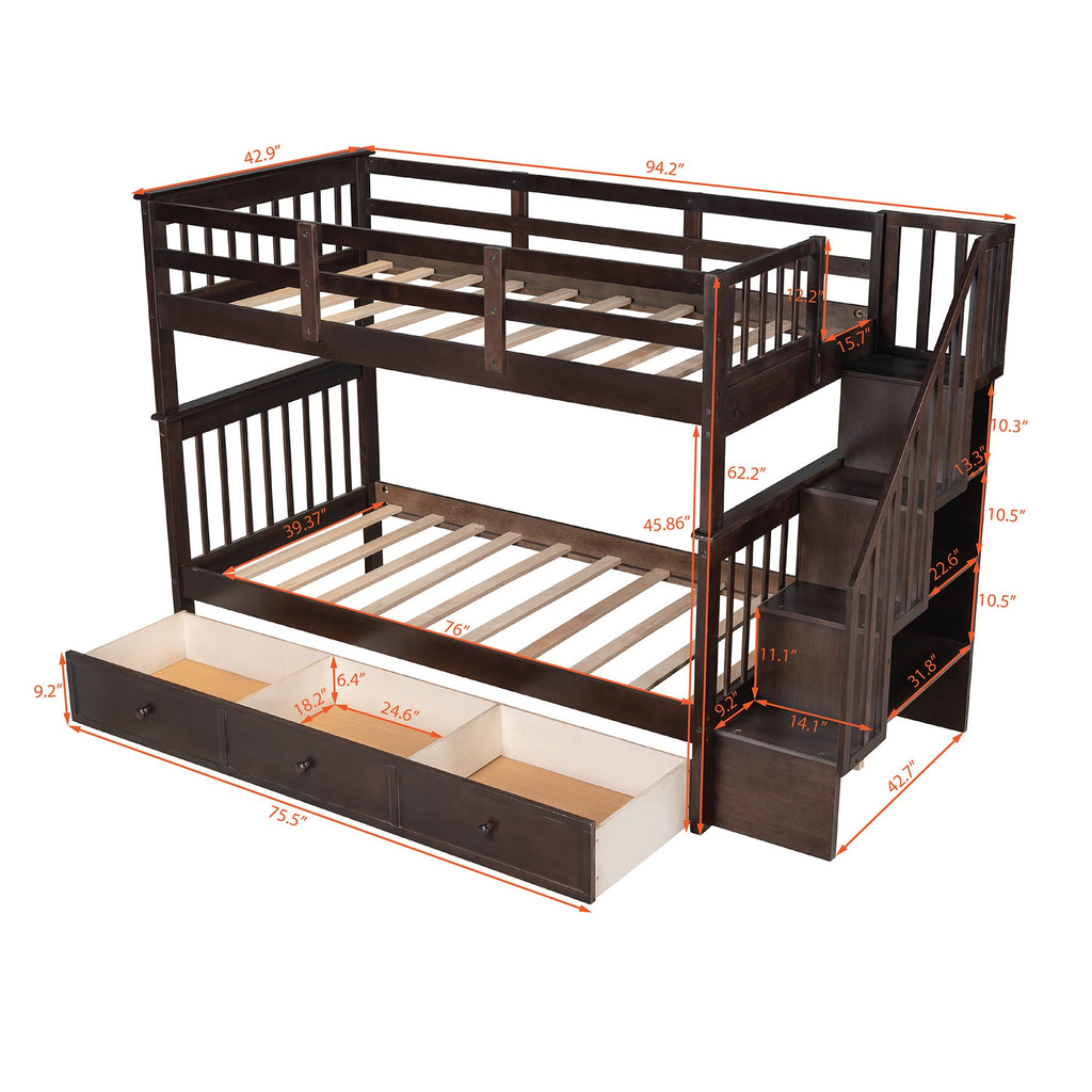 LuxxHomes  Espresso Twin Over Twin Bunk Bed with Stairway and Drawers