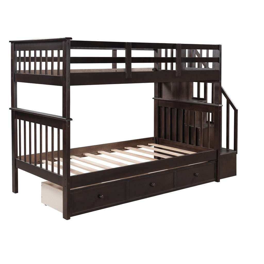 LuxxHomes  Espresso Twin Over Twin Bunk Bed with Stairway and Drawers