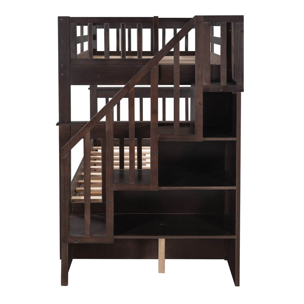 LuxxHomes  Espresso Twin Over Twin Bunk Bed with Stairway and Drawers