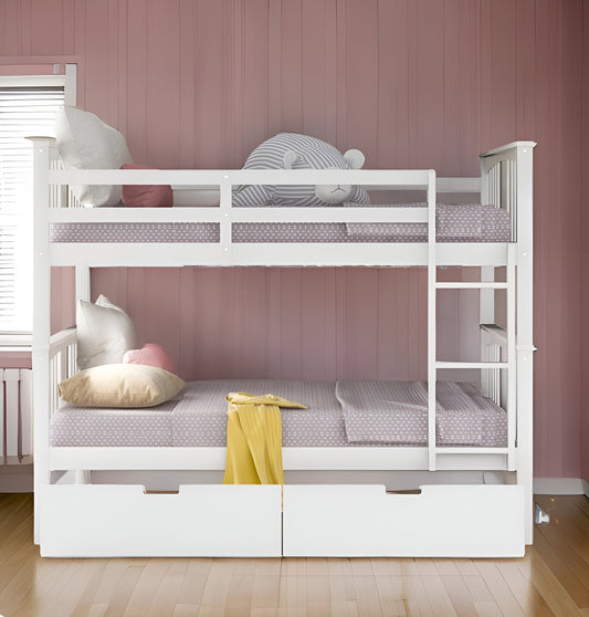 LuxxHomes  Modern White Full Over Full Bunk Bed with Two Drawers