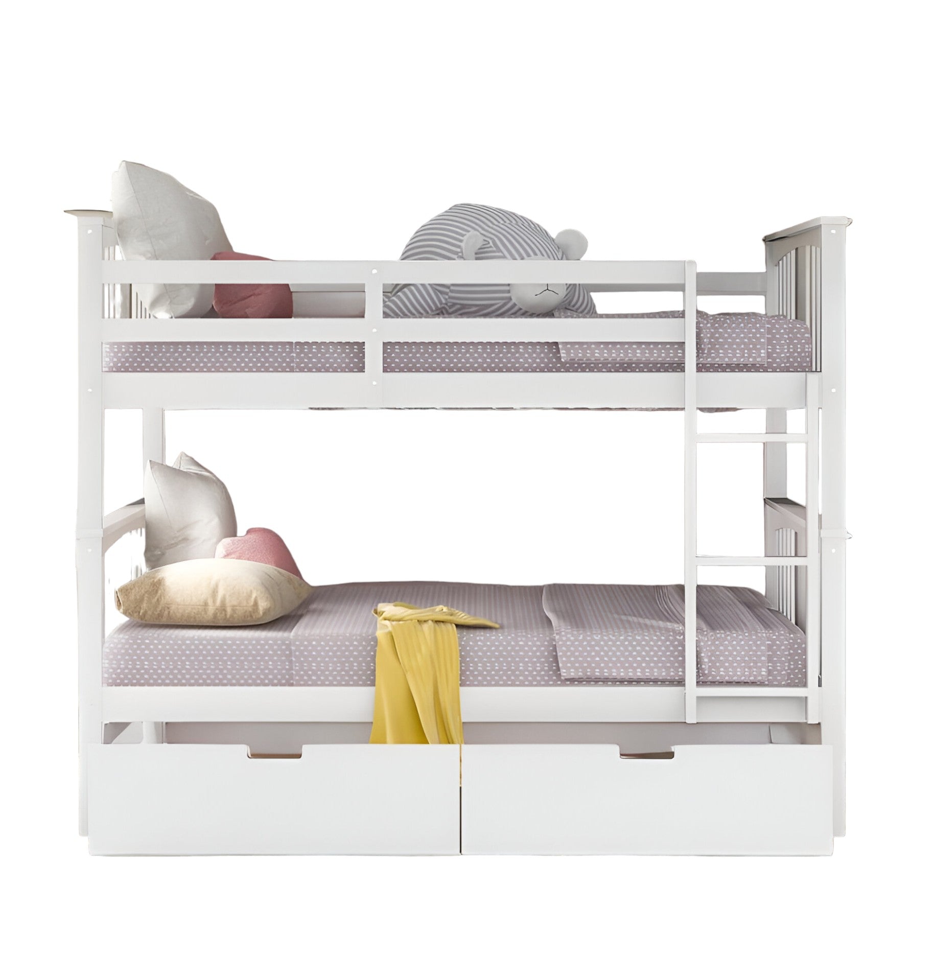 LuxxHomes  Modern White Full Over Full Bunk Bed with Two Drawers