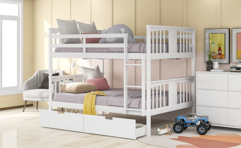 LuxxHomes  Modern White Full Over Full Bunk Bed with Two Drawers