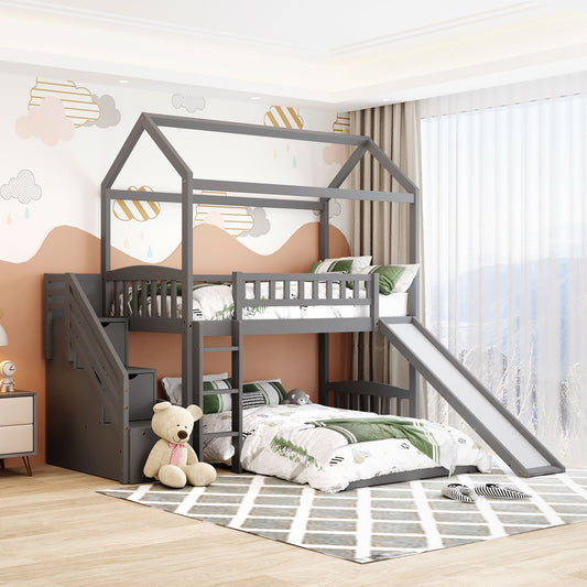 LuxxHomes  Gray Twin Over Twin PlayHouse Perpendicular Bunk Bed with Slide